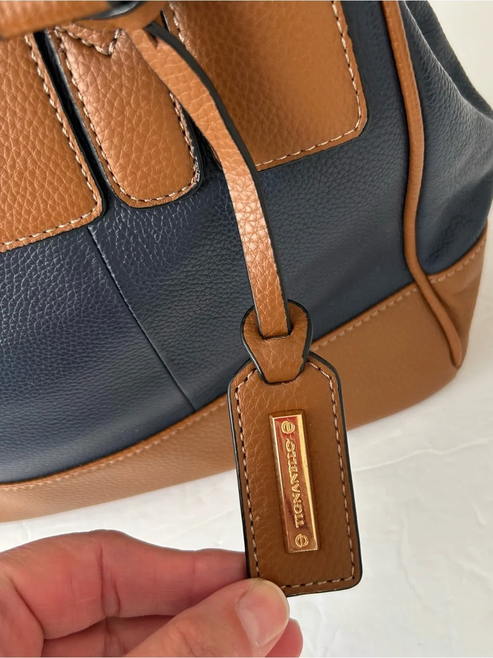 Tignanello Est. 1989 Brown Navy Leather Handbag Plus Shoulder Bag Gold Hardwar